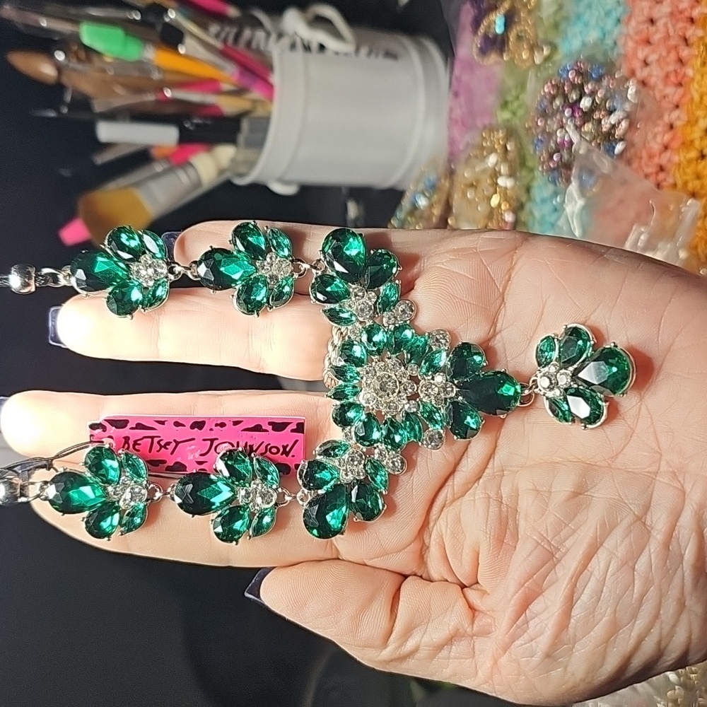 Betsey Johnson Emerald Green and Silver Necklace